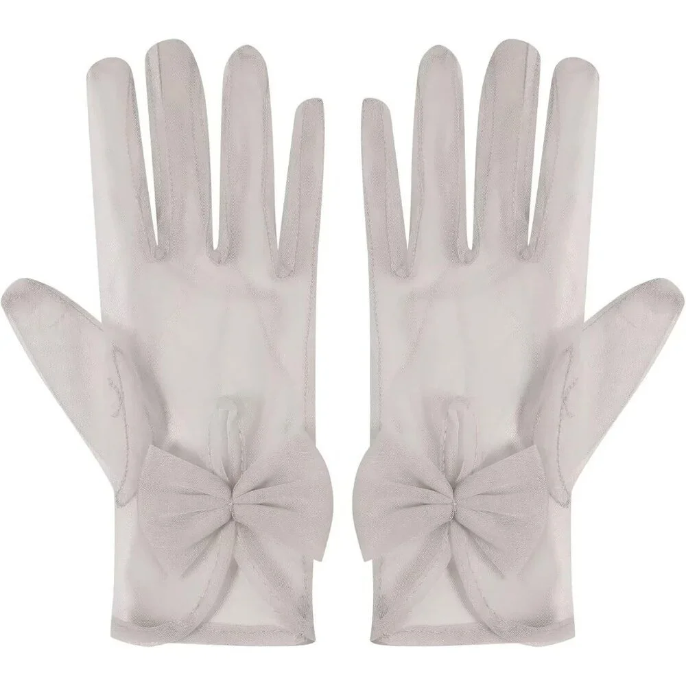 Women's Silver Evening Sheer Tulle Short Length Gloves Wrist Tea Party Prom